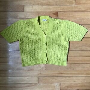 Faherty Lime Green crochet Knit Short Sleeve Wool Cashmere Cardigan Large